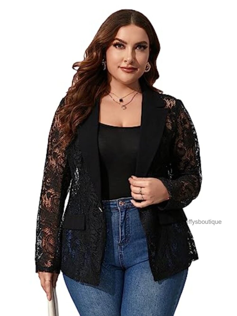 Plus Size Contrast Lace Button Front Lapel Long Sleeve Blazer